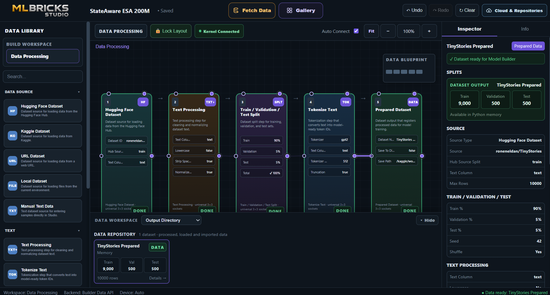 MLBricks MLB Studio Data Processing workspace with Data Library, connected Hugging Face dataset processing graph, train validation test split, tokenization, prepared dataset repository and live Inspector.